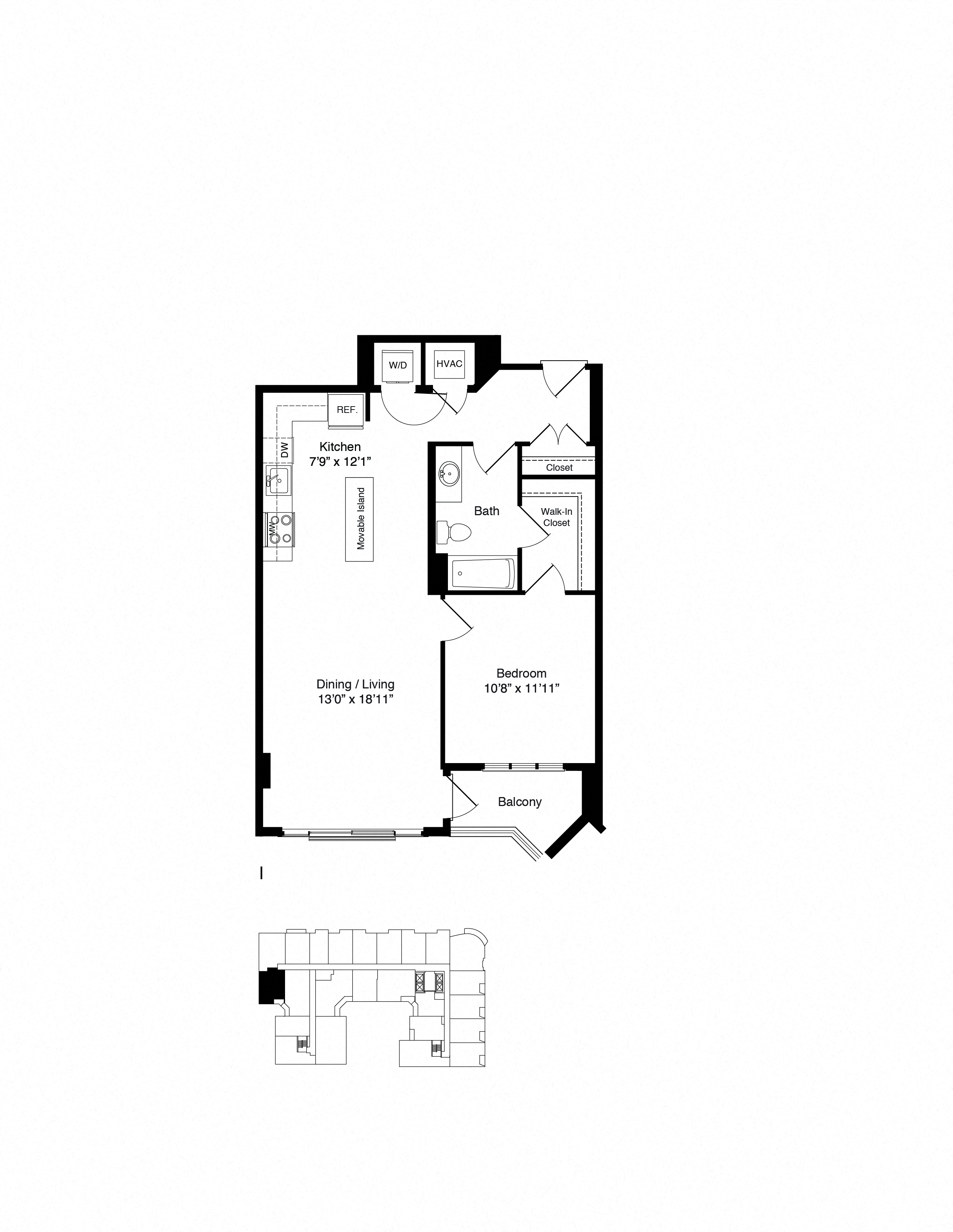 Floor plan for 1 bed, 1 bath, 784 sqft